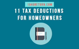 White text overlaying a blue background and above an image of a portfolio and pen that reads, "11 Tax Deductions For Homeowners"