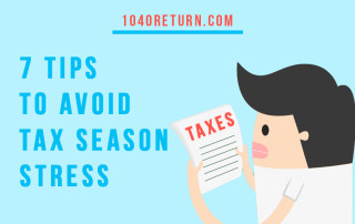 Cartoon man looking at tax documents with text overlay that says, "7 tips to avoid tax season stress"