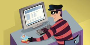 Cartoon masked criminal using computer to steal personal information
