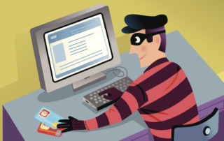 Cartoon masked criminal using computer to steal personal information