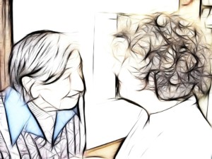 Sketch of smiling elderly woman looking into daughters eyes